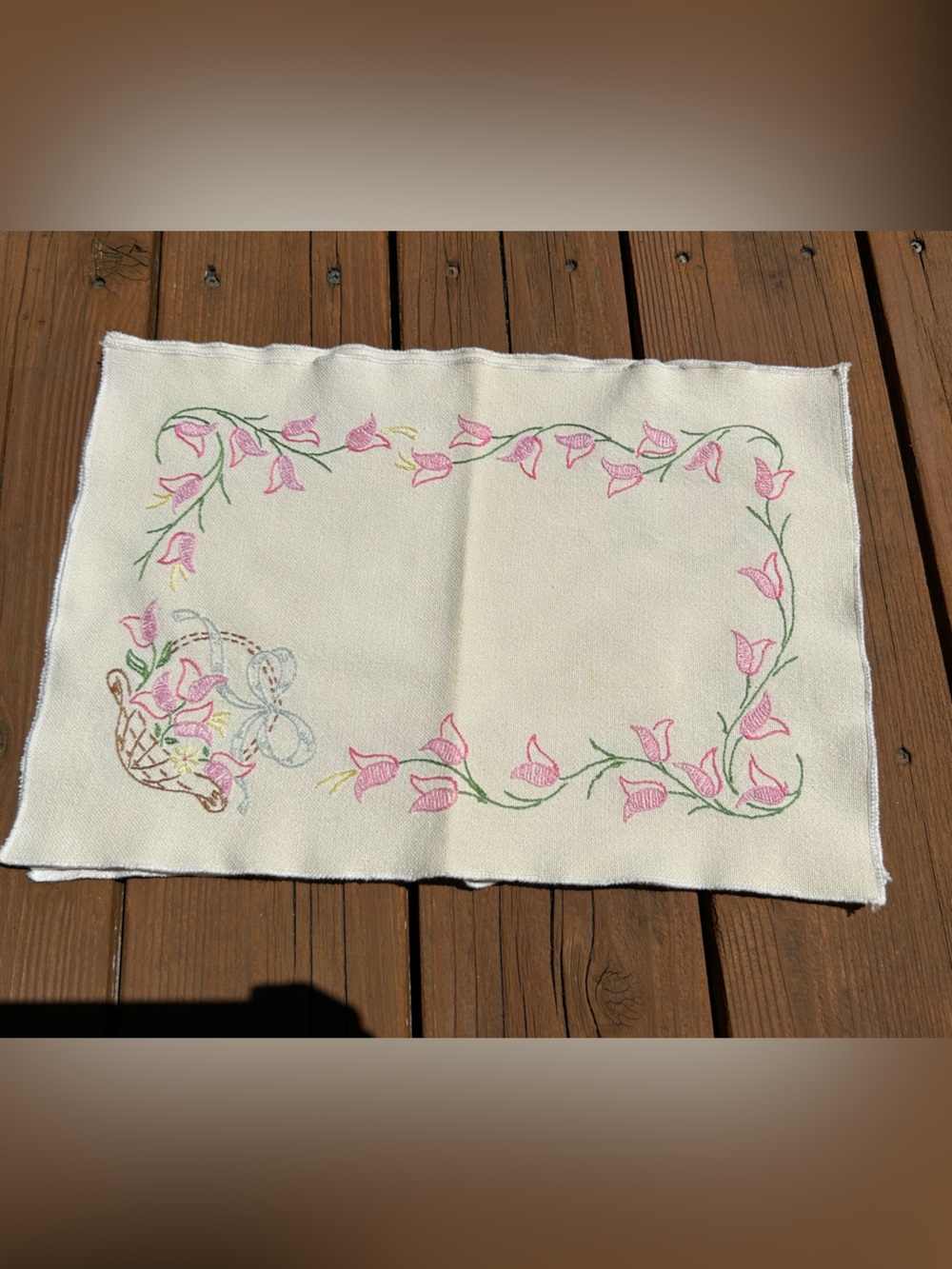 Vintage Placemat Pink Floral Basket Embroidered Linen Placemat Lot of Four 11x16